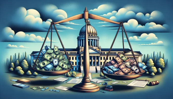 Mississippi State Capitol under clear blue sky, with scales balancing cash and legal documents, symbolizing payday loan regulations.