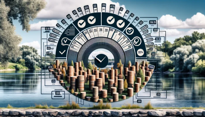 Dynamic credit score dashboard displaying 300-850 glowing numbers, with checkmark and coin icons, set on a Mississippi riverbank scene.