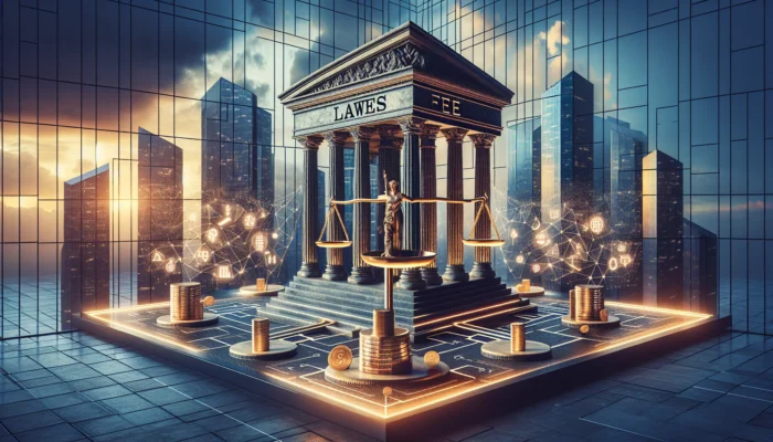 A massive stone tablet inscribed with laws looms over golden coins, scales, and price charts in a dusk-lit financial hub.