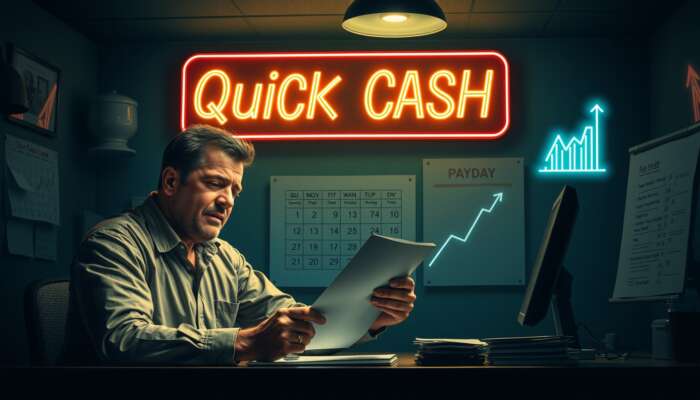 A stressed worker in a dimly lit payday loan office clutches cash, signs a contract under a "Quick Cash" sign, with a calendar and soaring interest graphs.