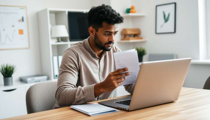 Focused individual in modern home office reviews pay stubs, ID, and online lender reviews on laptop for payday loan application.