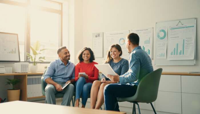 A diverse family in a sunlit Mississippi office receives free financial counseling from a compassionate advisor, surrounded by budgeting charts and loan documents.