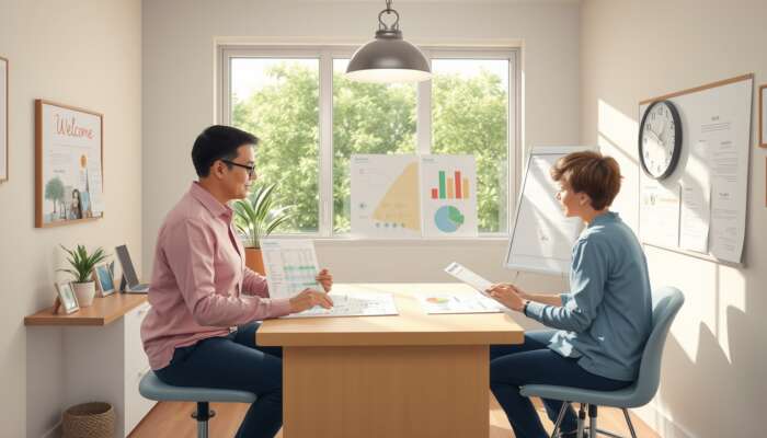 A welcoming sunlit Mississippi counseling office: adult reviews budget charts with counselor, teenager discusses with guardian amid family photos and coins.