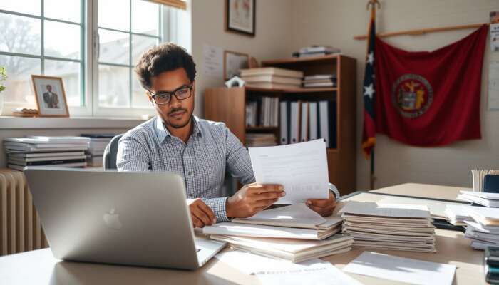 A determined person in a sunlit Mississippi office organizing documents, including birth certificates and social security cards, with a laptop and state flag.