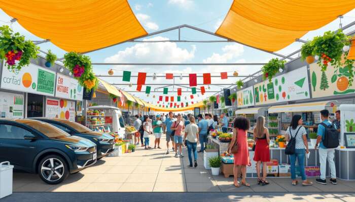 A bustling marketplace stall displays sleek electric vehicles, colorful plant-based meals, and eco-friendly gadgets, with diverse shoppers under a sunny sky.