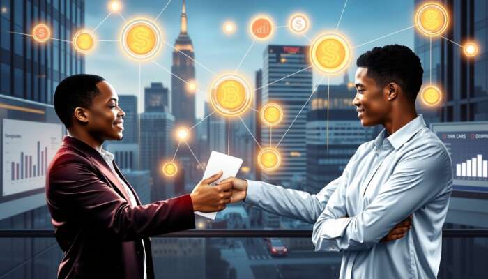 Digital network of diverse people shaking hands, exchanging money in a cityscape, with glowing coins and charts symbolizing peer-to-peer lending.