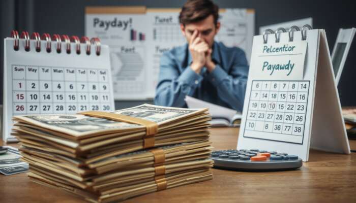 Close-up of a stack of cash beside a marked calendar and a worried person in the background, reflecting on finances with bills and a calculator.