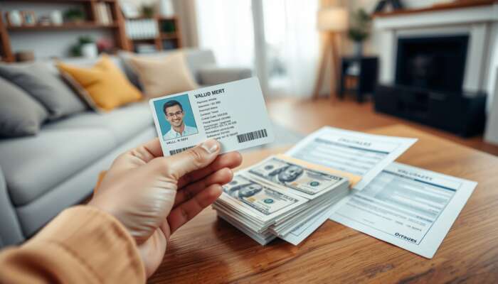 A hand holding a valid photo ID next to a stack of cash and a bank statement on a wooden table, with a blurred cozy living room in the background.
