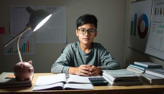 A young person studying at a desk with budgeting and saving materials, a piggy bank, and a calculator, representing the pursuit of financial literacy and stability.
