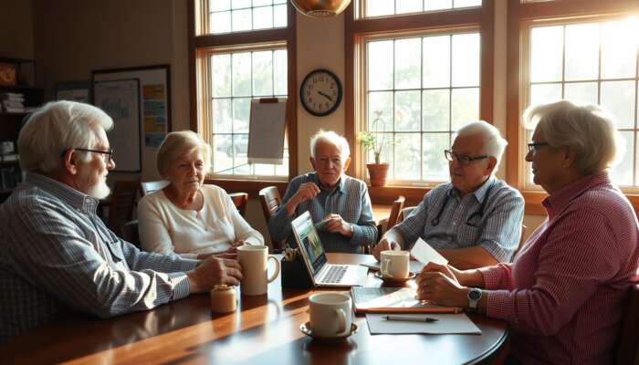A cozy coffee shop in Mississippi with retirees discussing financial planning, featuring a laptop with financial charts and a notepad filled with budgeting notes, bathed in warm sunlight.