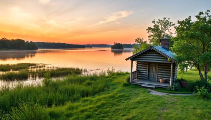 Serene sunset at a Mississippi riverbank with a cozy cabin, lush greenery, and golden light reflecting off the water, depicting a peaceful retirement setting.
