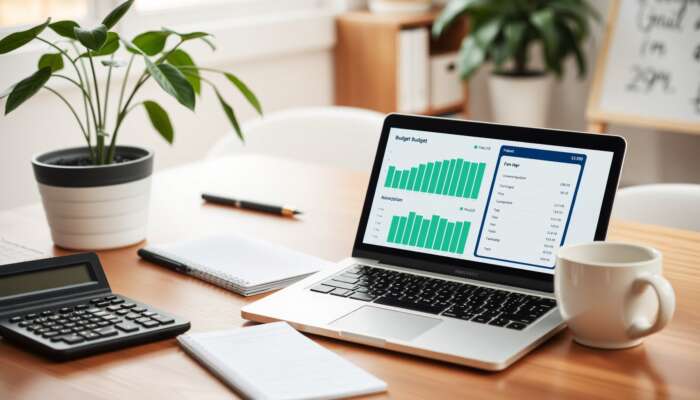 A cozy home office with a laptop showing a budgeting app, a calculator, financial notes on a notepad, a coffee cup, and a potted plant.