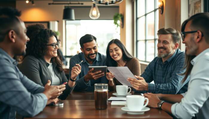 A diverse group of people in a coffee shop discussing finances and loans, with one person using a calculator and another reviewing documents.