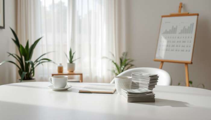 A person sitting at a table with a journal and tea, organizing bills in a peaceful, natural setting, symbolizing financial recovery and mindfulness.