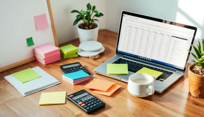 Organized workspace with a laptop displaying a budgeting spreadsheet, colorful sticky notes for expenses, a calculator, coffee cup, and a potted plant in natural light.