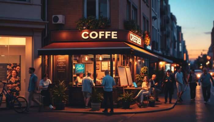 A cozy coffee shop at dusk, bustling with diverse people engaged in conversation and using laptops, reflecting a sense of community and support in financial matters.