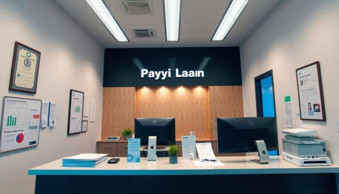 Modern payday loan office interior showcasing a prominently displayed license, professional staff assisting clients, financial documents on the desk, and a welcoming atmosphere of trust and transparency.