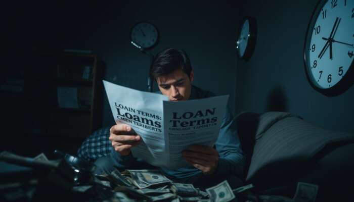A concerned borrower reviewing loan terms in a dimly lit room filled with scattered bills and a ticking clock, highlighting urgency and contemplation.