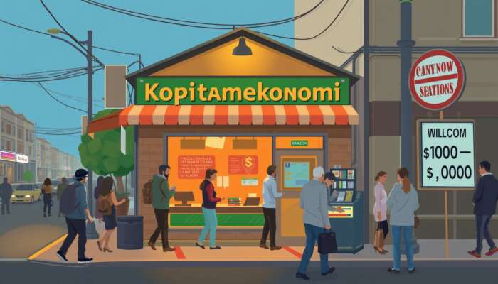A busy urban street in Mississippi showcasing the inviting storefront of Kopitiamekonomi, where people seek quick financial solutions, with a sign indicating payday loan amounts of $100 to $1,000.