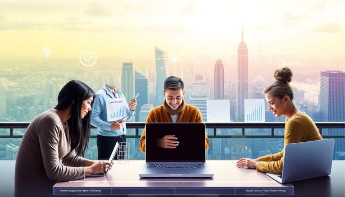 Diverse individuals using smartphones and laptops on a digital lending platform, illustrating instant loan approvals, lower interest rates, and flexible repayment terms against a vibrant cityscape.