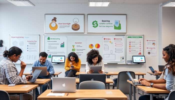 Diverse individuals in a modern digital classroom using tablets and laptops to engage with interactive financial tools, surrounded by educational posters on budgeting, saving, and credit management.