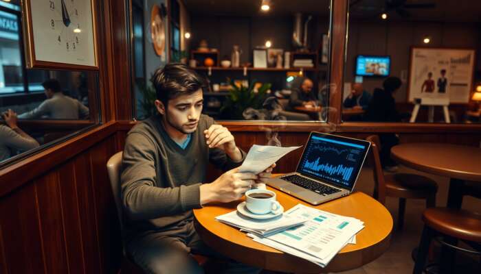 A worried person at a coffee shop reviews bills and financial graphs on a laptop, with a steaming cup of coffee beside them.