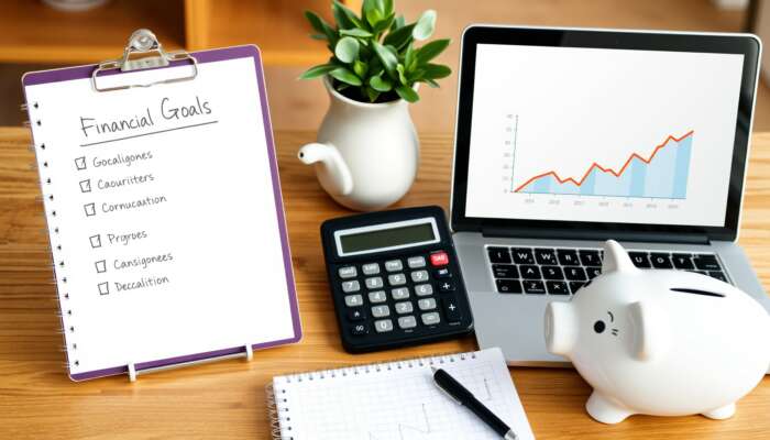 A tidy workspace with a notepad checklist of financial goals, a calculator, a piggy bank, and a laptop showing a progress graph, set on a bright wooden desk.