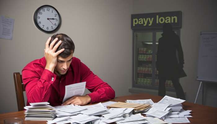 A worried person sitting at a table filled with bills and overdue notices, holding their head in frustration, with a clock indicating urgency and a shadowy payday loan storefront in the background.