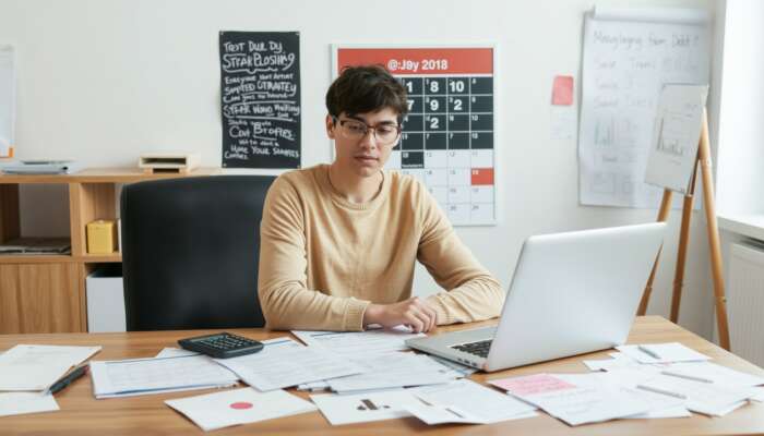 Person analyzing financial documents and strategies to quickly pay off a payday loan, with a calculator and laptop on the table and a calendar indicating an upcoming due date in the background.