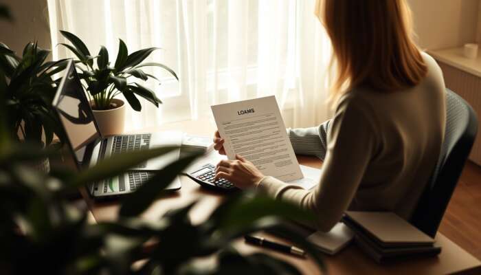 A person sitting at a desk with a calculator, paperwork, and a laptop, focusing on a single loan document, symbolizing calm and control over finances in a serene environment.