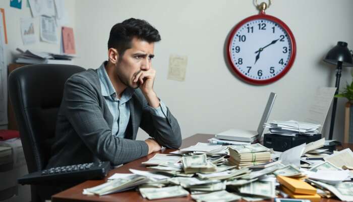 A worried person at a cluttered table with bills and a calculator, looking at a small stack of cash, with a clock indicating urgency and financial stress.