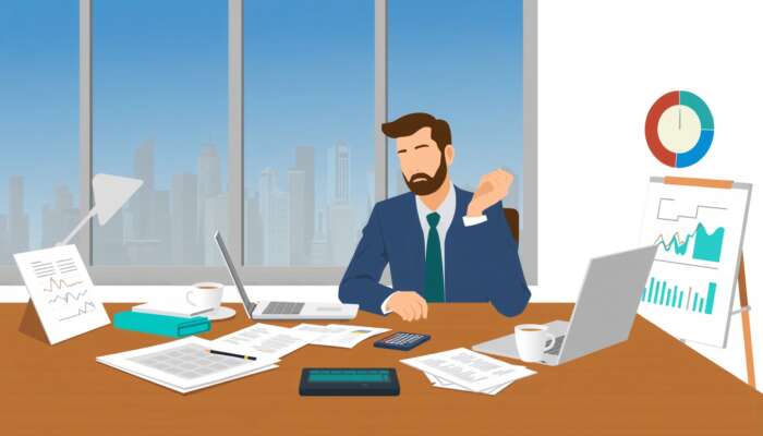 A person analyzing documents and financial charts at a table with a laptop and coffee cups, overlooking a city skyline.