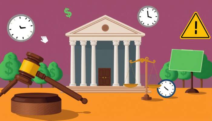 Illustration of a Mississippi courthouse with a gavel and scales of justice, surrounded by dollar signs, a clock for repayment terms, and a warning sign, emphasizing legal compliance in payday loans.