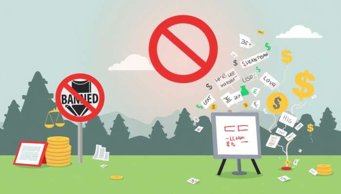 A split image illustrating contrasting payday loan regulations: one side shows strict regulations with a "banned" sign and consumer protection symbols, while the other side depicts lenient regulations with high fees and dollar signs.