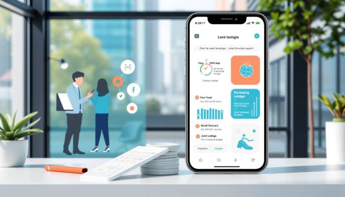 A vibrant urban scene depicting two innovative lenders: one showcasing a peer-to-peer lending platform with individuals engaging in transactions, and the other displaying a user-friendly mobile app for small-dollar loans and financial education resources.