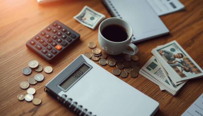 Close-up of a wooden desk featuring a planner, calculator, coffee cup, and scattered coins and bills in soft morning light.