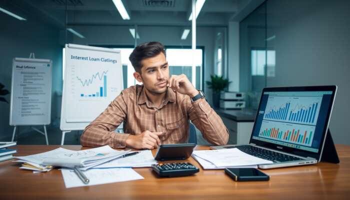 A person thoughtfully considering financial options at a desk with documents, a calculator, and a laptop showing interest rates and loan options in a modern office.