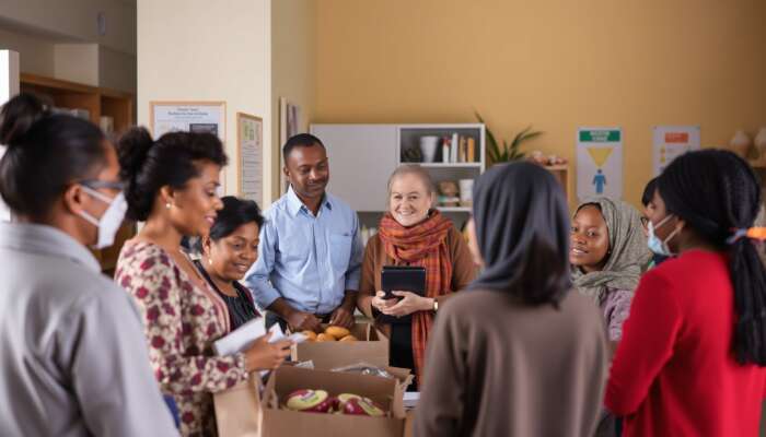 Diverse group of individuals and families receiving financial assistance and support at a community center, showcasing food distribution and counseling services in a welcoming environment.