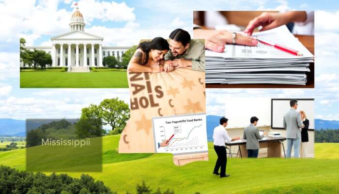 Collage illustrating Mississippi financial assistance programs, featuring a government building for grants, a family receiving aid, low-interest loan documents, a nonprofit food bank, and individuals in job training, with the Mississippi landscape in the background.
