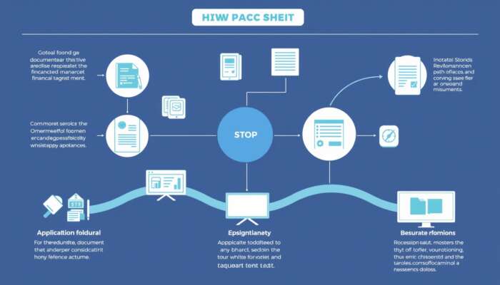 Infographic showing the step-by-step process for submitting a financial assistance application in Mississippi, including icons for document gathering, application completion, and accurate information submission in a blue and green color scheme.