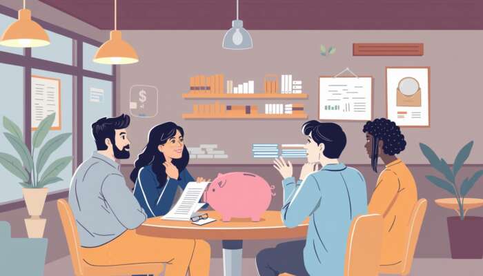 A diverse group of people discussing financial alternatives in a coffee shop, highlighting personal loans, credit unions, and community assistance with visual metaphors like a piggy bank and loan documents.