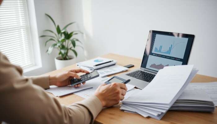 Person analyzing financial documents and charts on a laptop in a serene office, focusing on debt consolidation strategies.