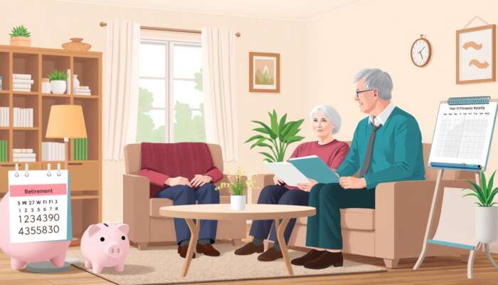 Elderly couple enjoying a cozy retirement in a well-furnished living room, surrounded by symbols of financial stability like a piggy bank and a calendar, while discussing plans with a financial advisor.