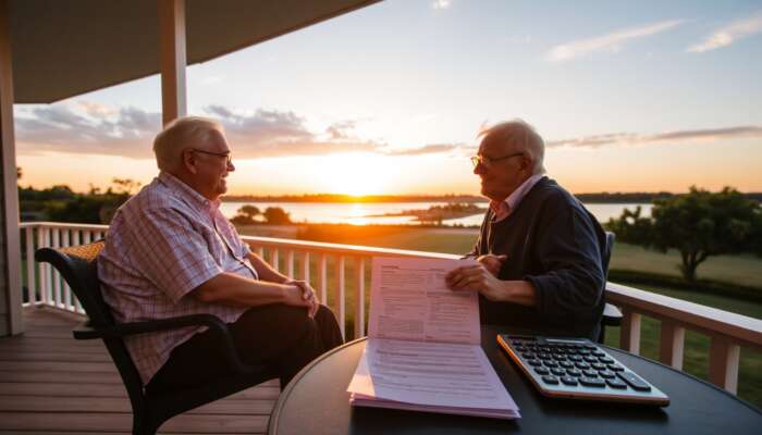 Elderly couple on a porch at sunset, with a financial document and calculator, representing retirement planning and annuities.