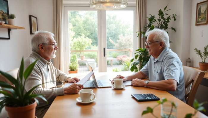 Elderly couple reviewing their retirement budget at a cozy dining table, with a laptop, notepad, calculator, and coffee mugs, surrounded by plants and a sunny garden view.