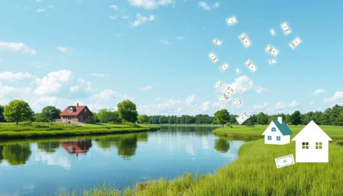 A serene Mississippi landscape with a calm river and quaint houses, symbolizing financial stability, alongside an abstract representation of money flowing towards homes, signifying support for families in need.