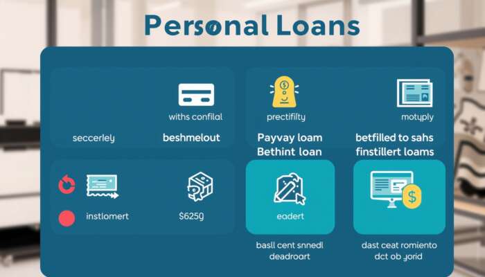 Infographic illustrating different types of personal loans, including secured loans, unsecured loans, payday loans, and installment loans, with icons and color-coded categories on a modern financial background.