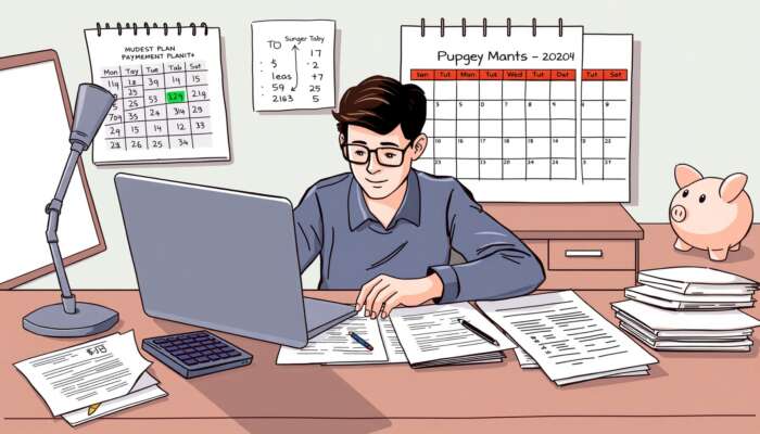 Person at a desk with a laptop and financial documents creating a budget plan, surrounded by a calendar with payment dates and a piggy bank, symbolizing effective loan repayment management.