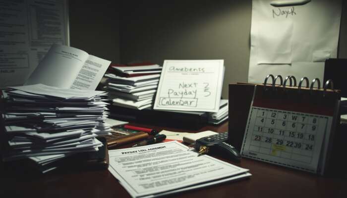 Cluttered desk with overdue bills, a payday loan agreement, an empty wallet, and a calendar highlighting the next payday, illustrating financial stress and urgency.