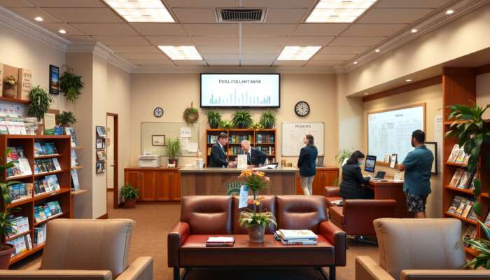 Cozy community bank interior with friendly staff assisting customers and a welcoming atmosphere.
